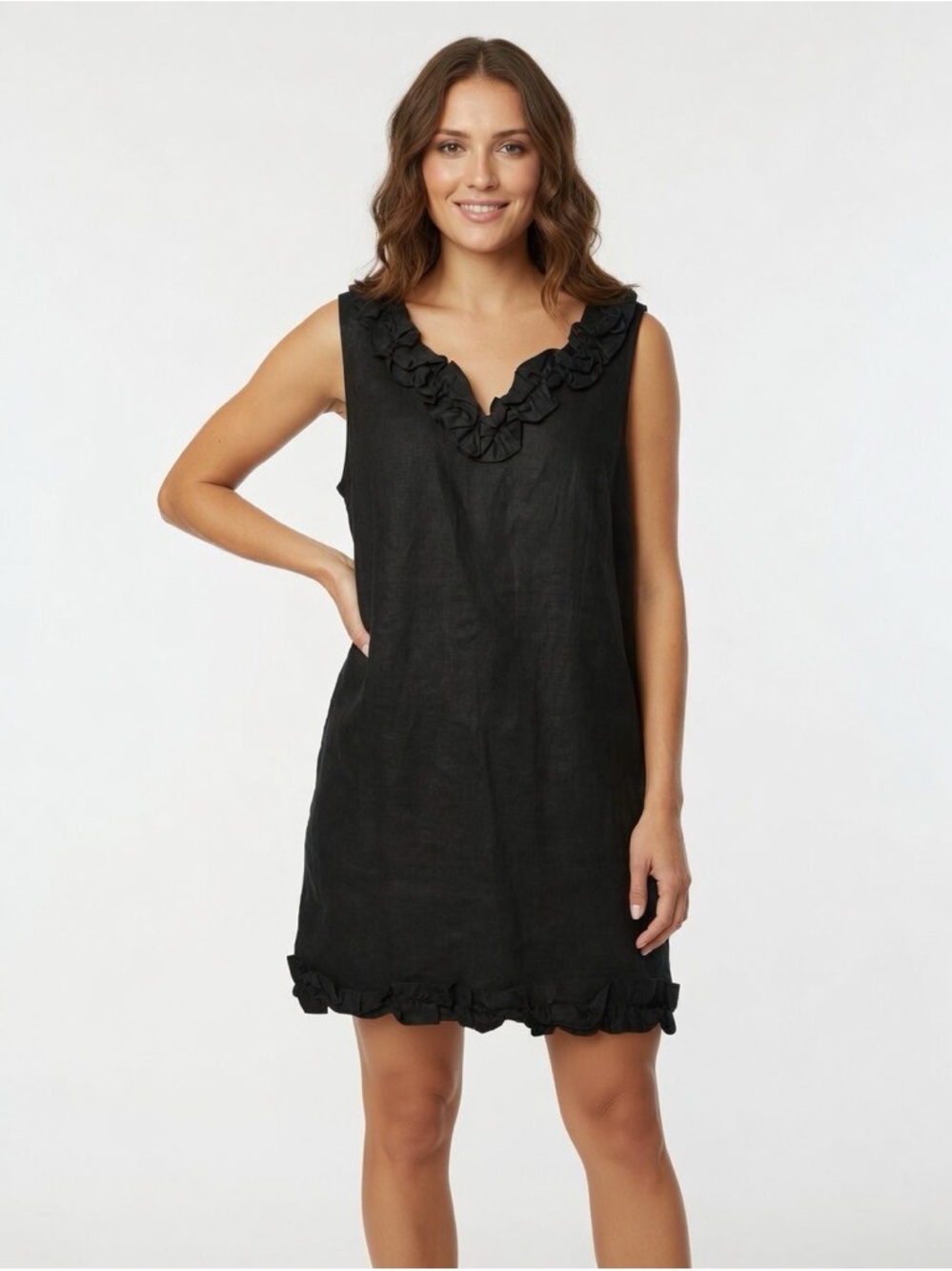 ecru 100% Linen, lined Black Ruffle-Trim V-Neck Dress